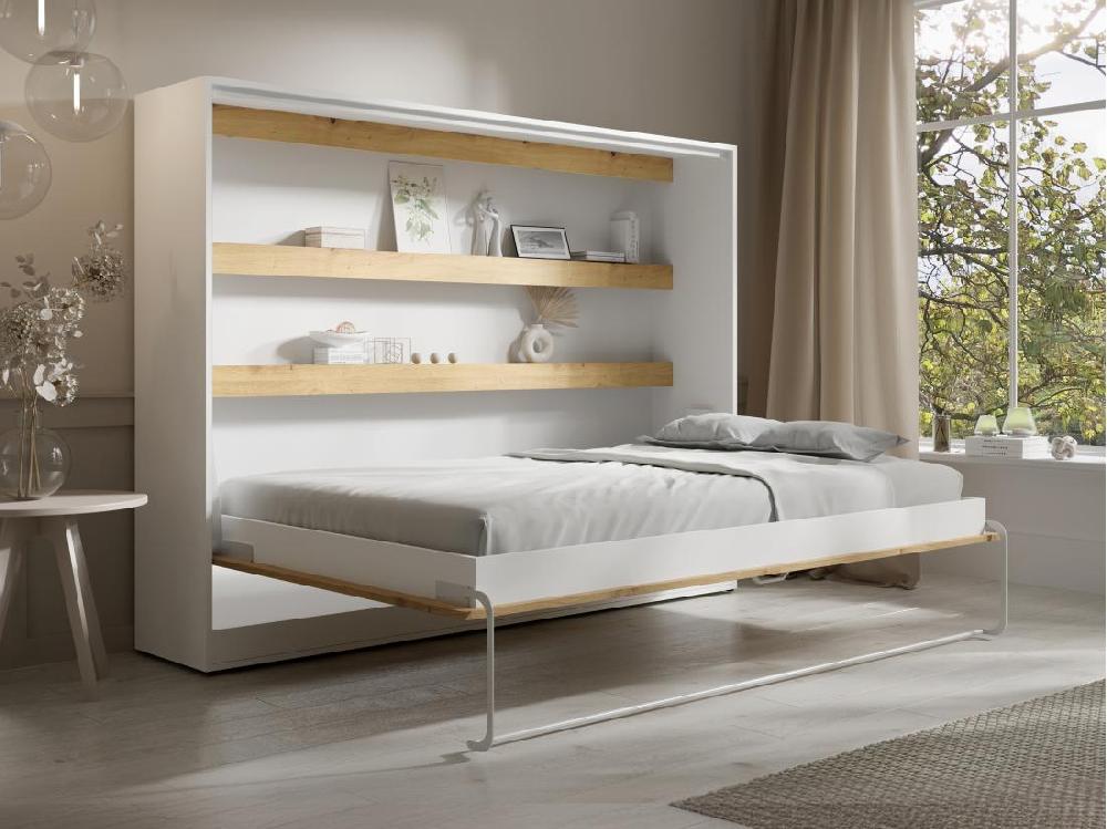 Vente Unique Lit Escamotable 140 X 200 Cm - Ouverture Horizontale Manuelle - Avec LEDs - Blanc Et Naturel - RAPILI