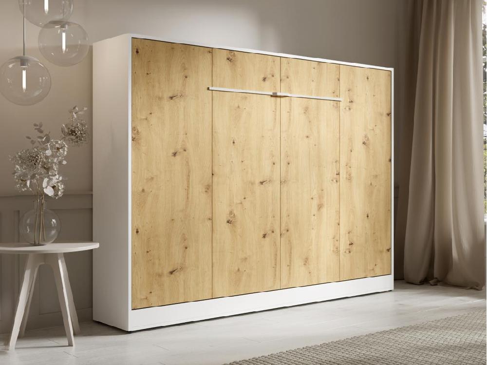 Vente Unique Lit Escamotable 140 X 200 Cm - Ouverture Horizontale Manuelle - Avec LEDs - Blanc Et Naturel - RAPILI