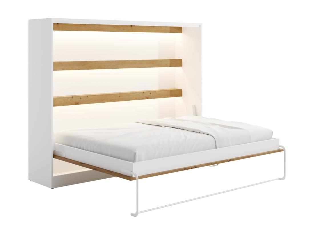 Vente Unique Lit Escamotable 140 X 200 Cm - Ouverture Horizontale Manuelle - Avec LEDs - Blanc Et Naturel - RAPILI