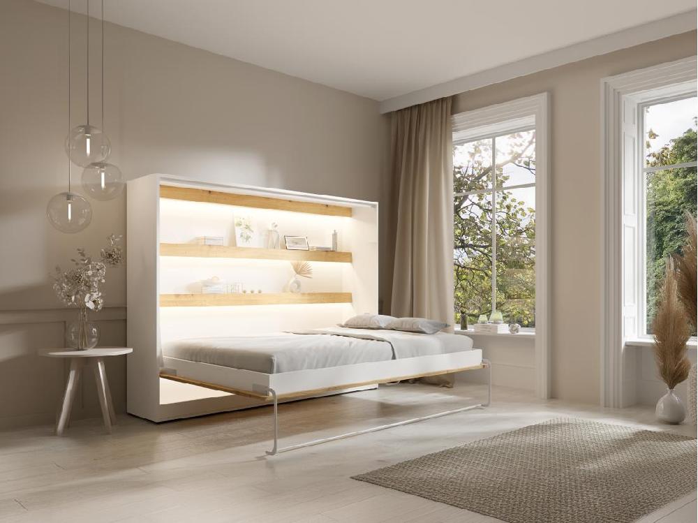 vente unique Lit escamotable 140 x 200 cm - Ouverture horizontale manuelle - Avec LEDs - Blanc et naturel - RAPILI