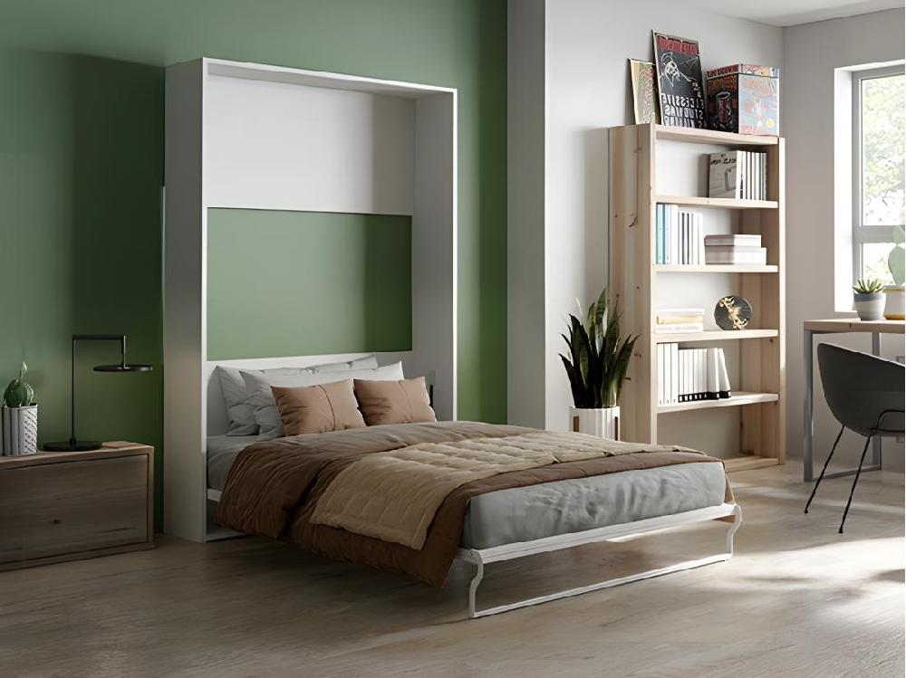 vente unique Lit escamotable 140 x 200 cm - Ouverture verticale manuelle - Blanc + matelas - MALINA II