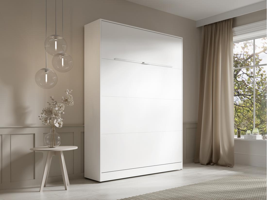 Vente Unique Lit Escamotable 140 X 200 Cm - Ouverture Verticale Manuelle - Avec LEDs - Blanc + Matelas - RAPILI