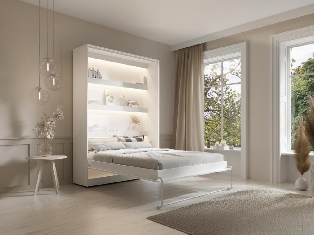 vente unique Lit escamotable 140 x 200 cm - Ouverture verticale manuelle - Avec LEDs - Blanc + Matelas - RAPILI