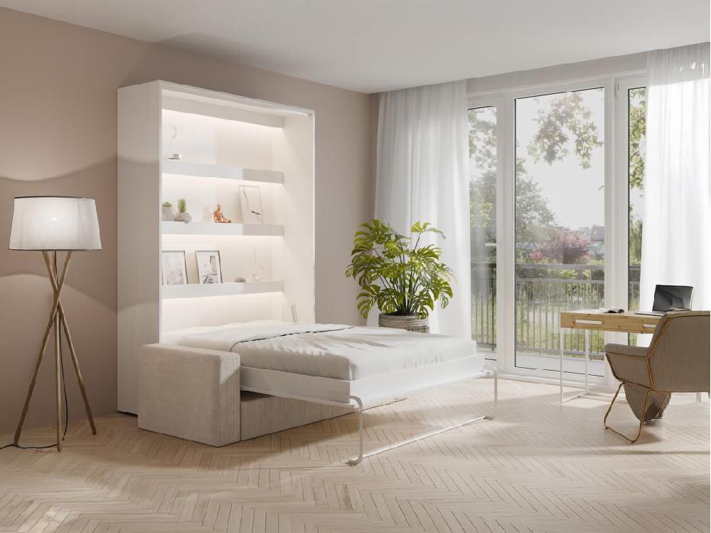 Vente Unique Lit Escamotable 140 X 200 Cm - Ouverture Verticale Manuelle - Avec LEDs - Blanc + Matelas + Canapé - RAPILI