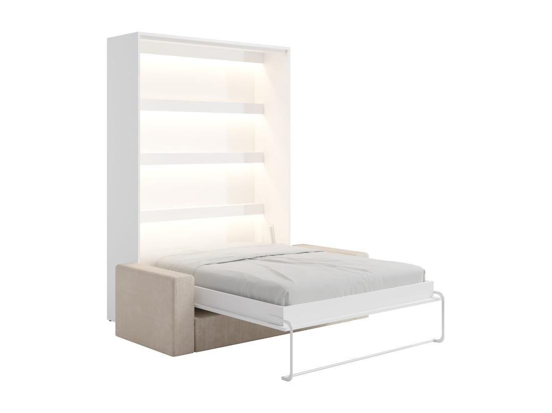 Vente Unique Lit Escamotable 140 X 200 Cm - Ouverture Verticale Manuelle - Avec LEDs - Blanc + Matelas + Canapé - RAPILI