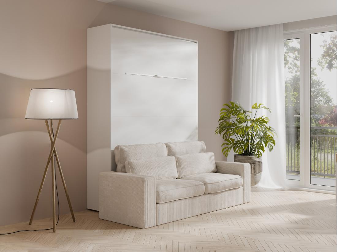 vente unique Lit escamotable 140 x 200 cm - Ouverture verticale manuelle - Avec LEDs - Blanc + Matelas + Canapé - RAPILI