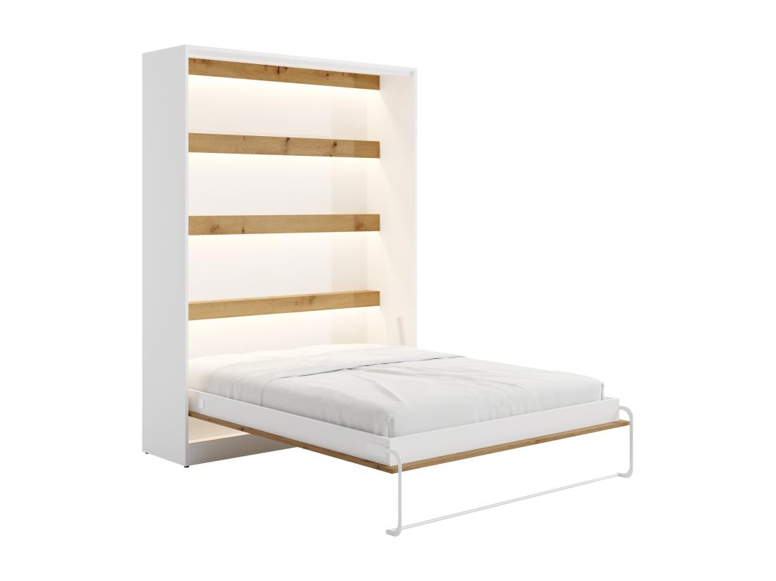 Vente Unique Lit Escamotable 160 X 200 Cm - Ouverture Verticale Manuelle - Avec LEDs - Blanc Et Naturel - RAPILI