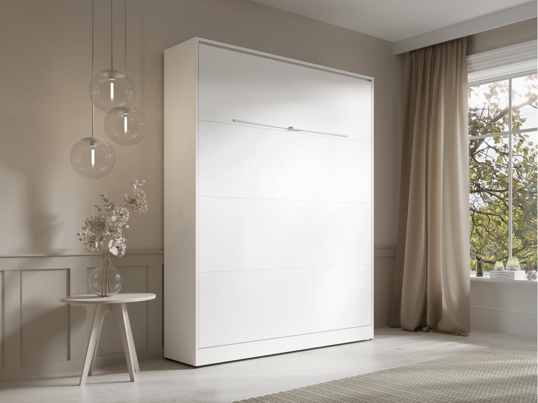 Vente Unique Lit Escamotable 160 X 200 Cm - Ouverture Verticale Manuelle - Avec LEDs - Blanc - RAPILI