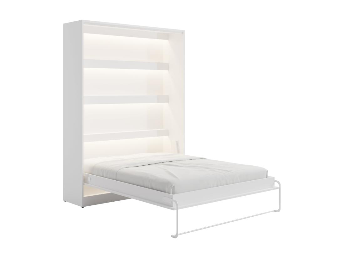 Vente Unique Lit Escamotable 160 X 200 Cm - Ouverture Verticale Manuelle - Avec LEDs - Blanc - RAPILI