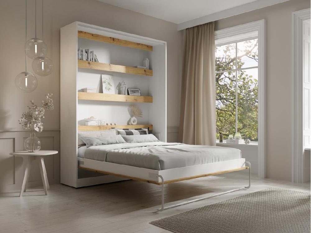 Vente Unique Lit Escamotable 160 X 200 Cm - Ouverture Verticale Manuelle - Avec LEDs - Blanc Et Naturel + Matelas - RAPILI