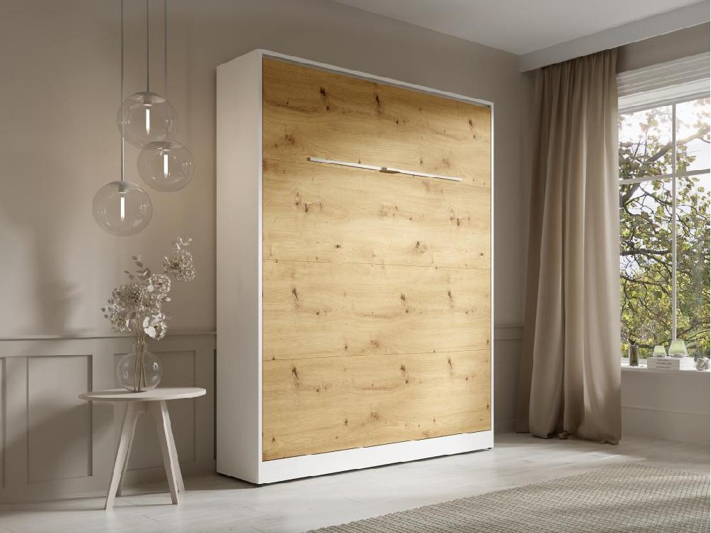 Vente Unique Lit Escamotable 160 X 200 Cm - Ouverture Verticale Manuelle - Avec LEDs - Blanc Et Naturel + Matelas - RAPILI