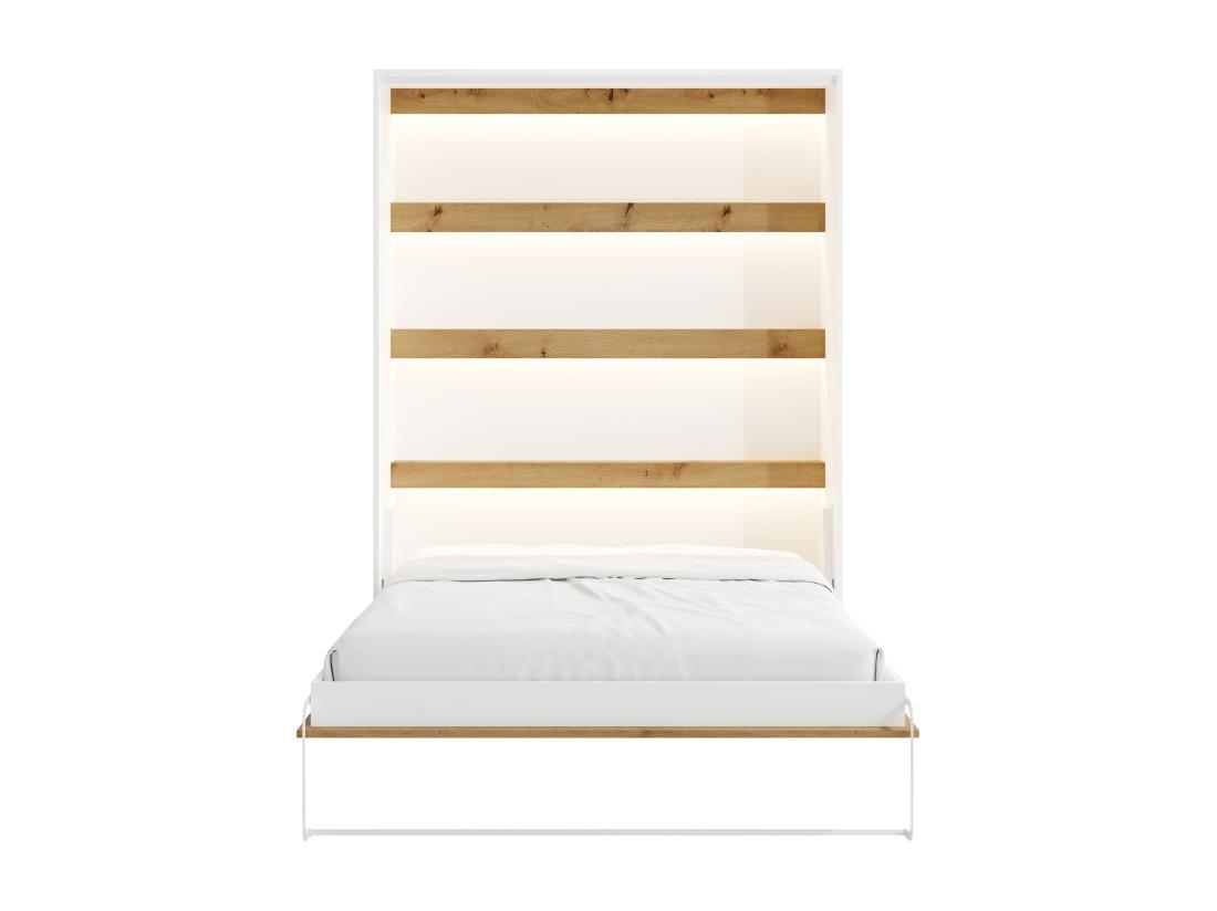 Vente Unique Lit Escamotable 160 X 200 Cm - Ouverture Verticale Manuelle - Avec LEDs - Blanc Et Naturel + Matelas - RAPILI