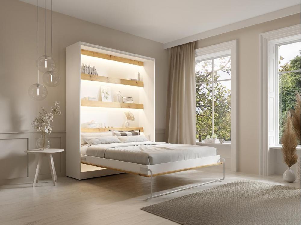 Vente Unique Lit Escamotable 160 X 200 Cm - Ouverture Verticale Manuelle - Avec LEDs - Blanc Et Naturel - RAPILI