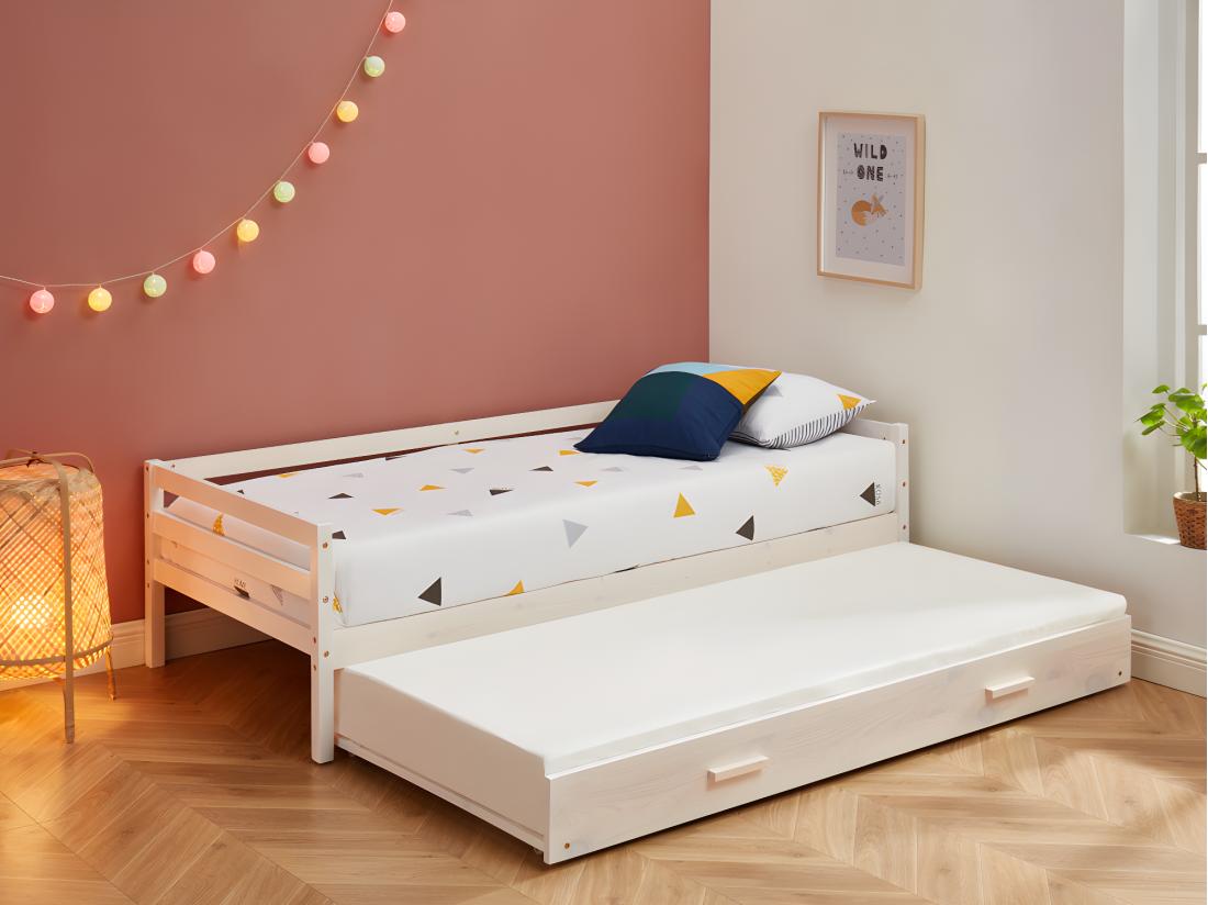 Vente Unique Lit Gigogne AEDAN II - 2 X 90 X 190 Cm - Pin Massif Et MDF - Blanchi
