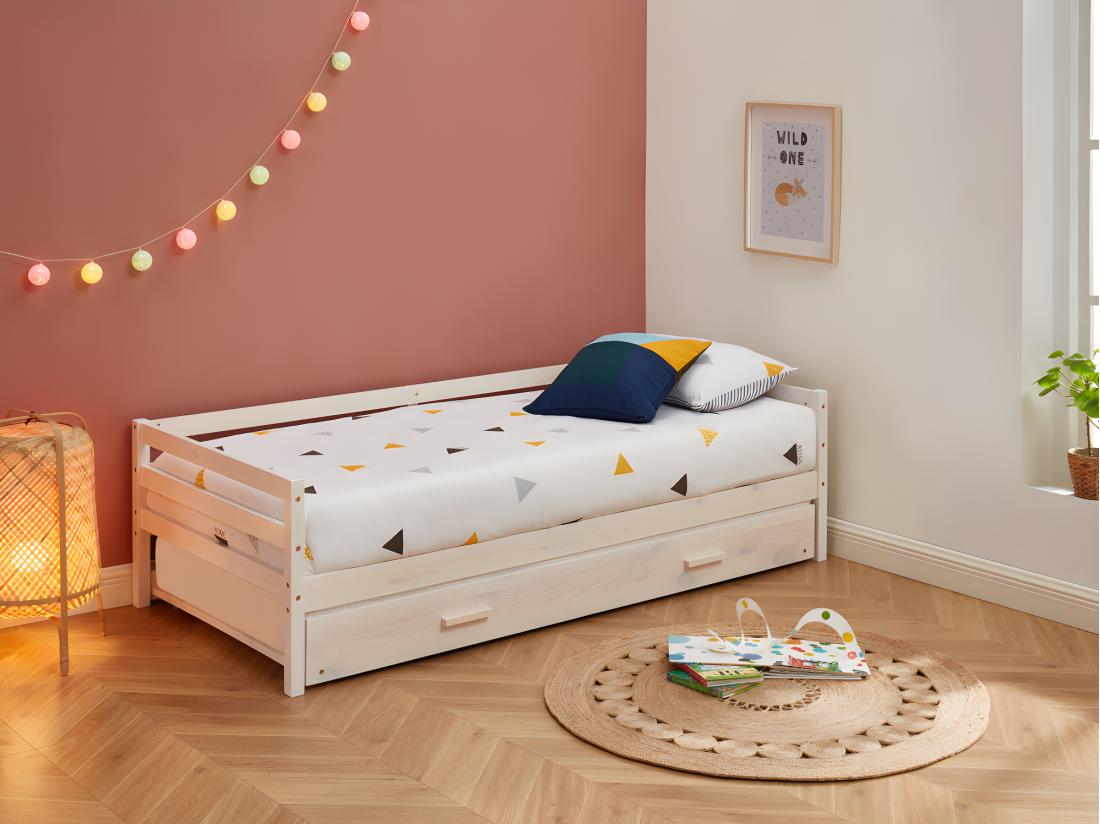 vente unique Lit gigogne AEDAN II - 2 x 90 x 190 cm - Pin massif et MDF - Blanchi