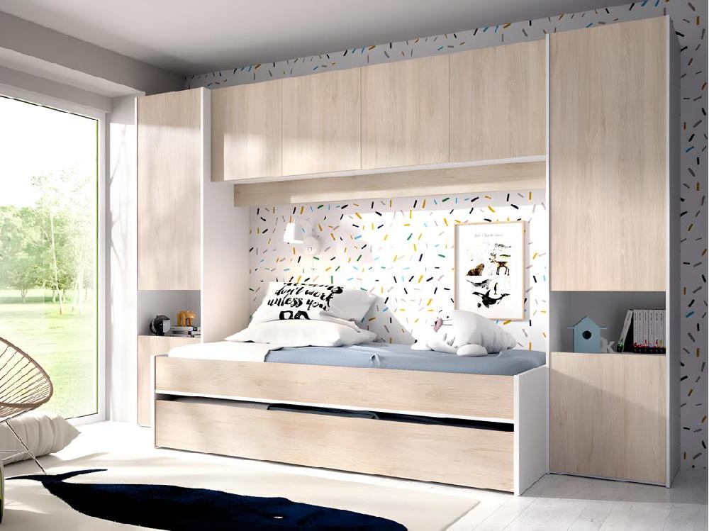 vente unique Lit gigogne avec pont de lit SELENA - 90 x 190 cm - Coloris : chêne et blanc