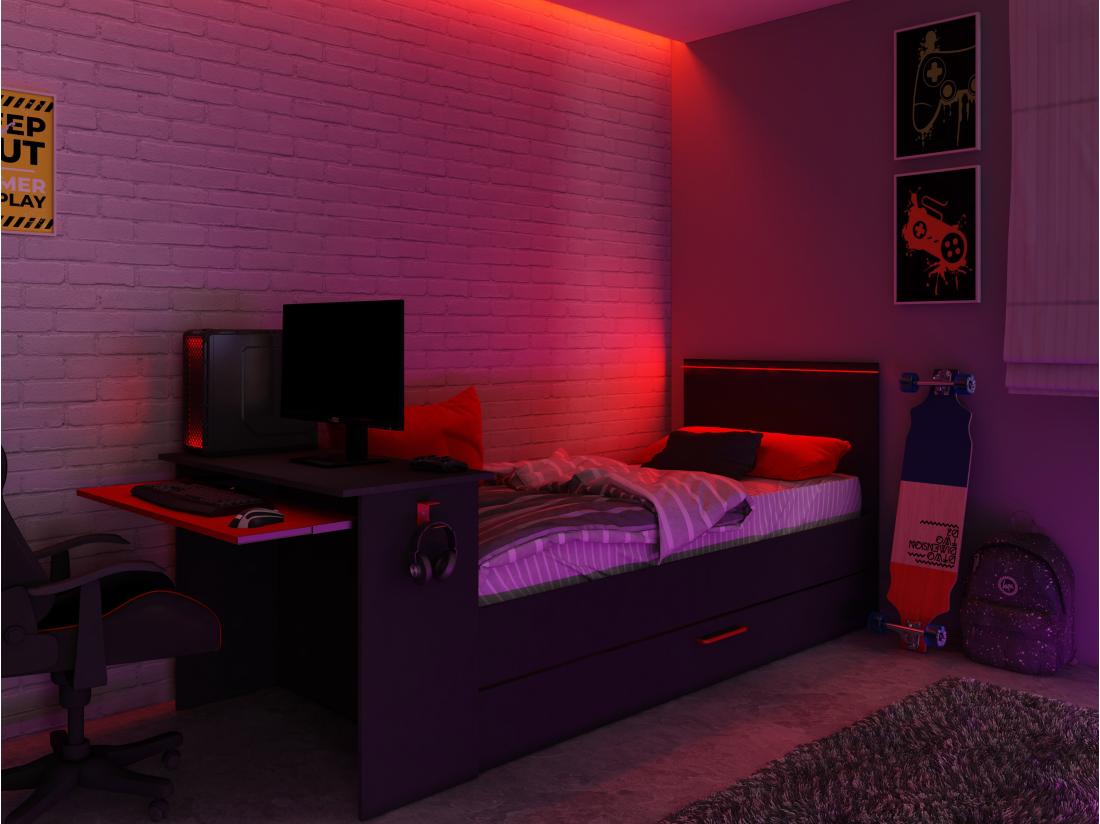 Vente Unique Lit Gigogne Gamer2 X 90 X 200 Cm - Avec Bureau - LEDs - Anthracite Et Rouge + Sommier - VOUANI