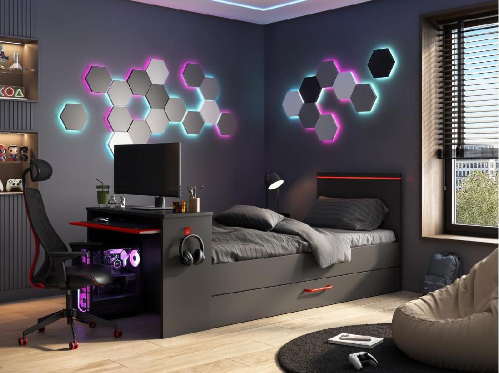 Vente Unique Lit Gigogne Gamer2 X 90 X 200 Cm - Avec Bureau - LEDs - Anthracite Et Rouge + Sommier - VOUANI