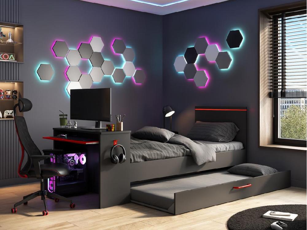 Vente Unique Lit Gigogne Gamer2 X 90 X 200 Cm - Avec Bureau - LEDs - Anthracite Et Rouge + Sommier - VOUANI
