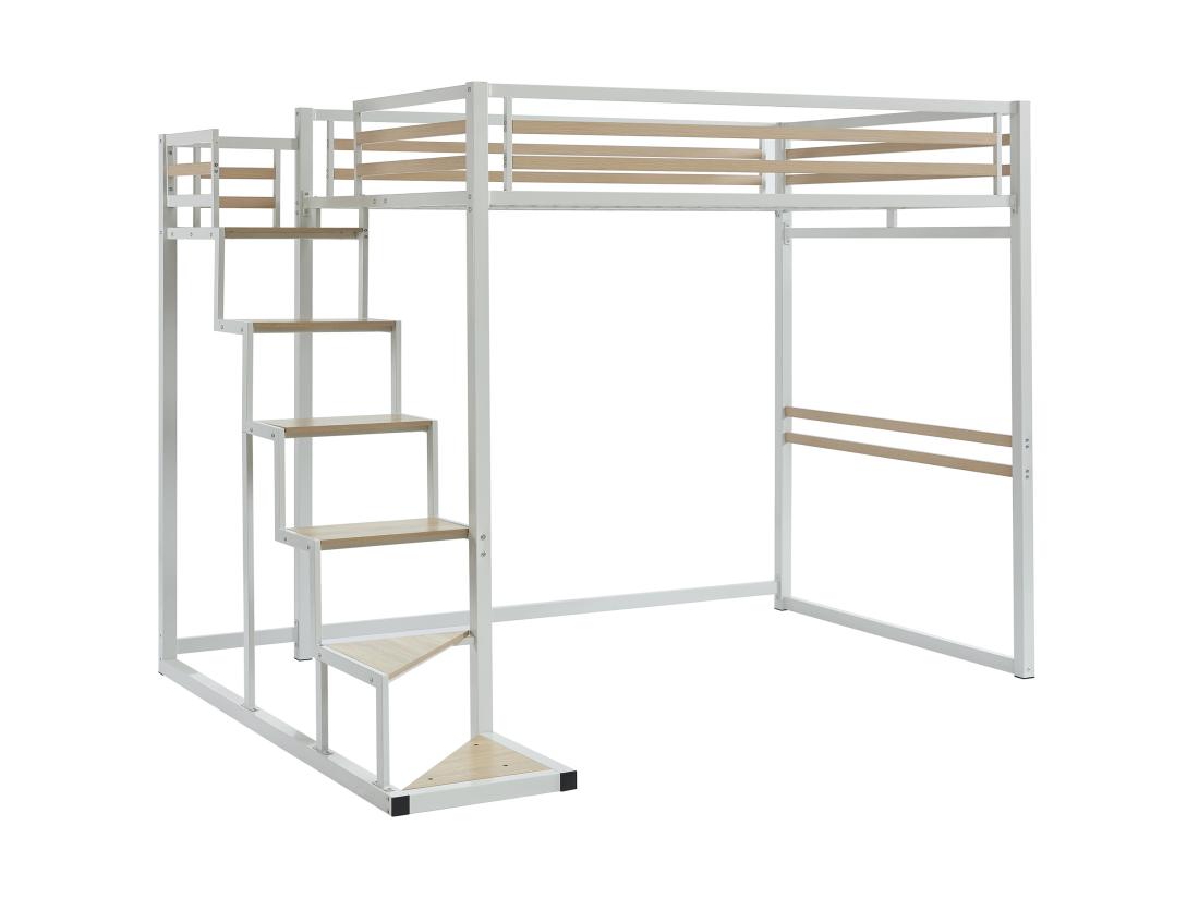 Vente Unique Lit Mezzanine 140 X 200 Cm - Métal Et MDF - Blanc - JOGUI