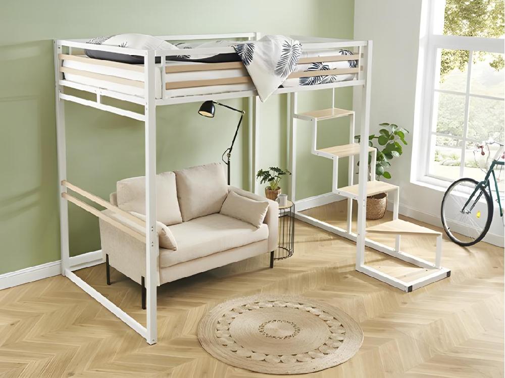 vente unique Lit mezzanine 140 x 200 cm - Métal et MDF - Blanc - JOGUI