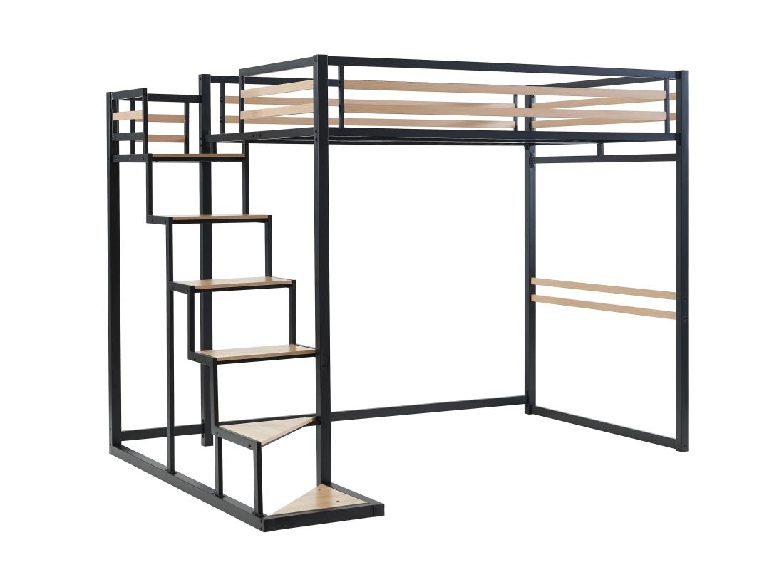 Vente Unique Lit Mezzanine 140 X 200 Cm - Métal Et MDF - Noir Et Naturel - JOGUI