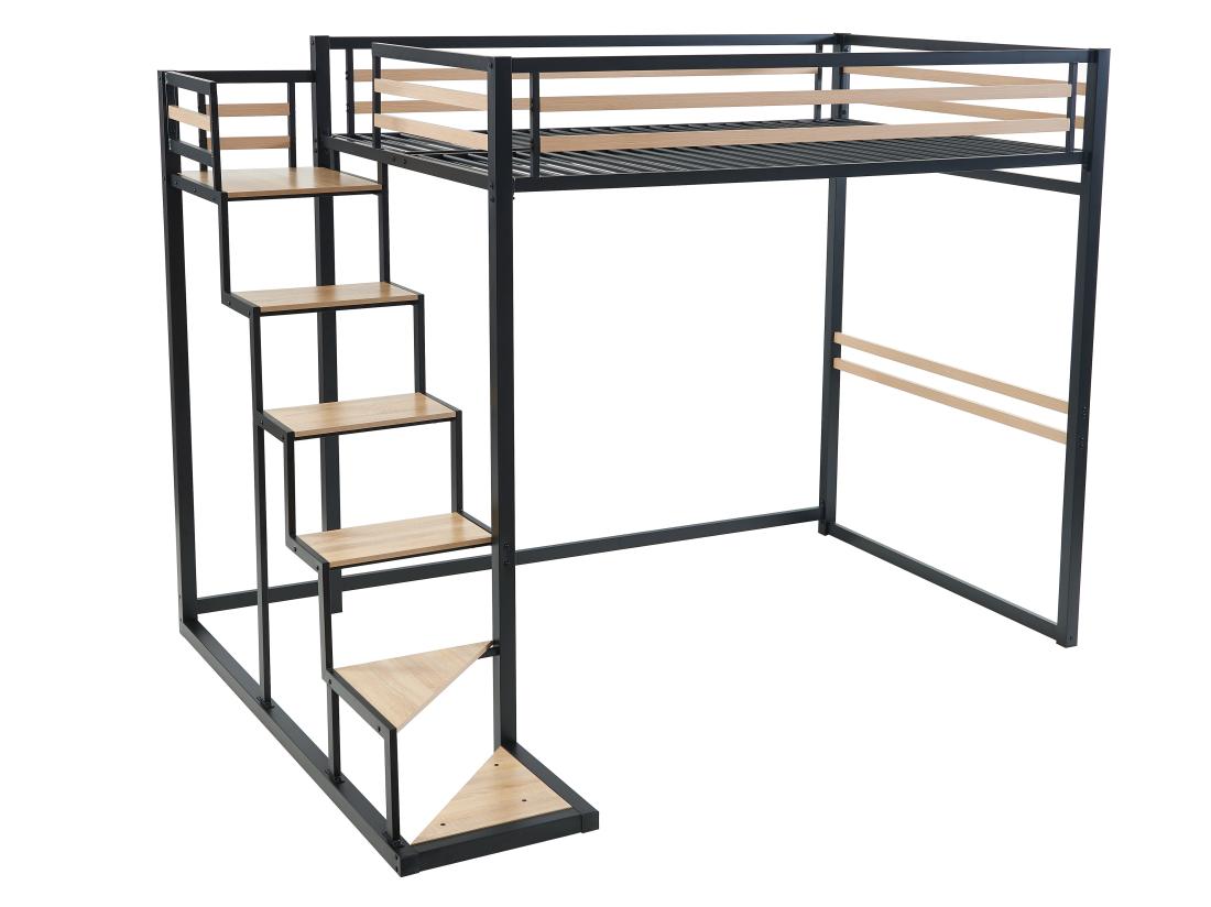 Vente Unique Lit Mezzanine 140 X 200 Cm - Métal Et MDF - Noir Et Naturel - JOGUI