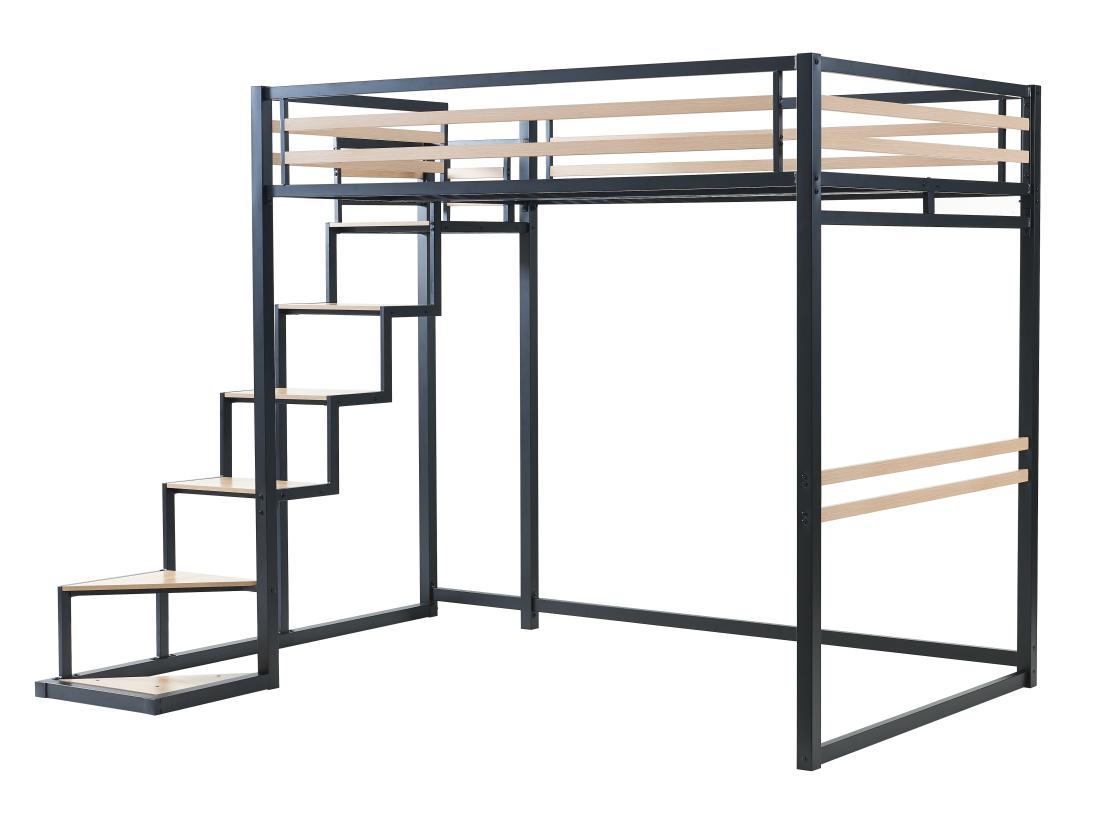 Vente Unique Lit Mezzanine 140 X 200 Cm - Métal Et MDF - Noir Et Naturel - JOGUI
