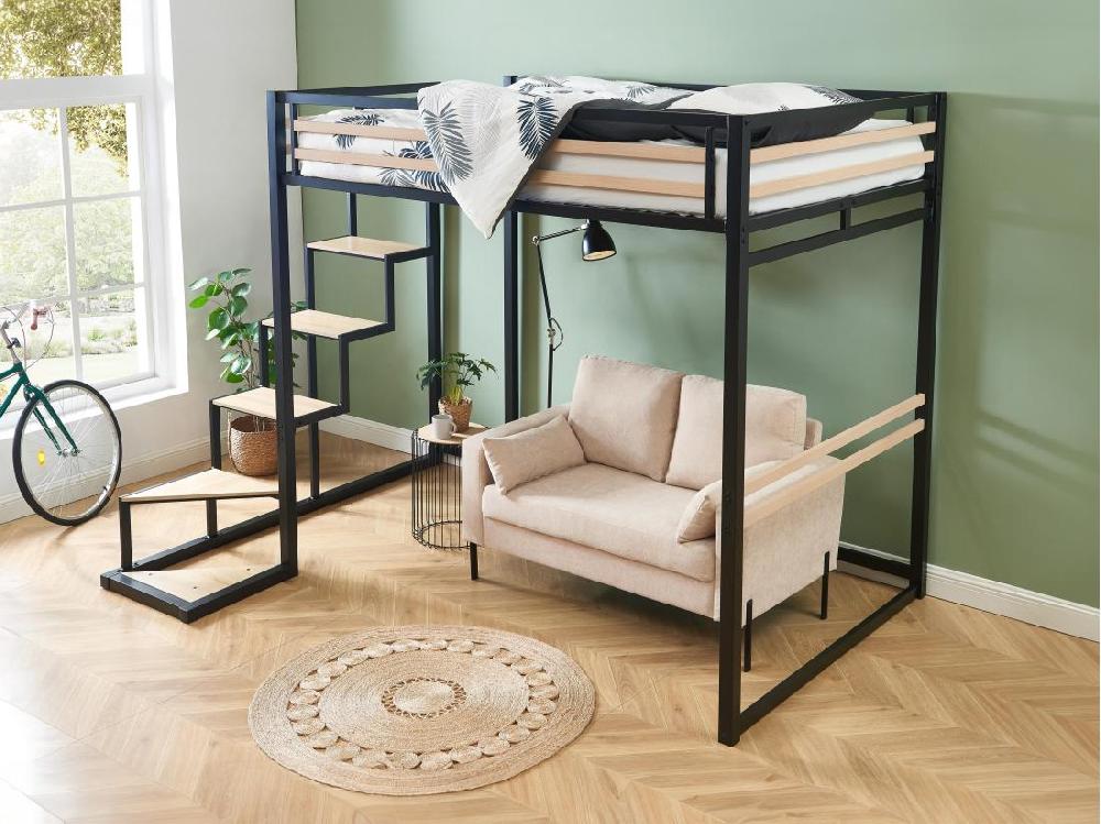 vente unique Lit mezzanine 140 x 200 cm - Métal et MDF - Noir et naturel - JOGUI