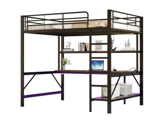 Vente Unique Lit Mezzanine 140x200 Cm - Avec Barrières - Avec échelle - Avec USB Et Prises - Avec Lumière LED - Avec Bureau + étagères à Plusieurs Niveaux - Noir (sans Matelas)