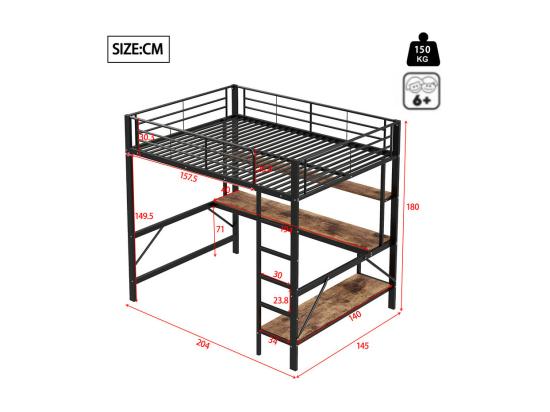 Vente Unique Lit Mezzanine 140x200 Cm - Avec Barrières - Avec échelle - Avec USB Et Prises - Avec Lumière LED - Avec Bureau + étagères à Plusieurs Niveaux - Noir (sans Matelas)