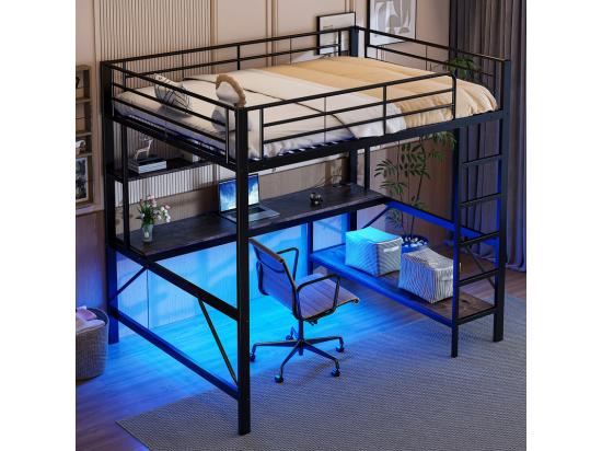 Vente Unique Lit Mezzanine 140x200 Cm - Avec Barrières - Avec échelle - Avec USB Et Prises - Avec Lumière LED - Avec Bureau + étagères à Plusieurs Niveaux - Noir (sans Matelas)