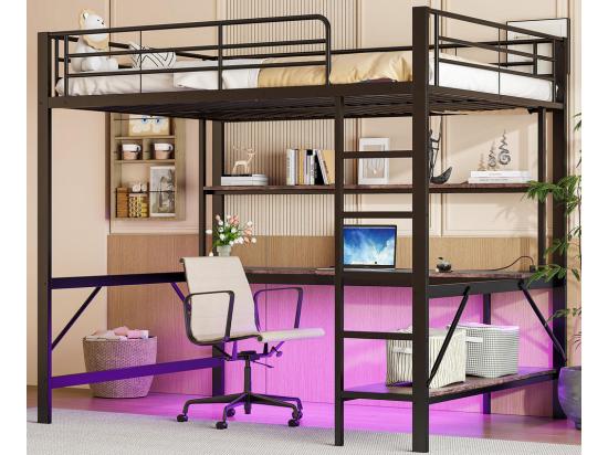 vente unique Lit mezzanine 140x200 cm - avec barrières - avec échelle - avec USB et prises - avec lumière LED - avec bureau + étagères à plusieurs niveaux - noir (sans matelas)