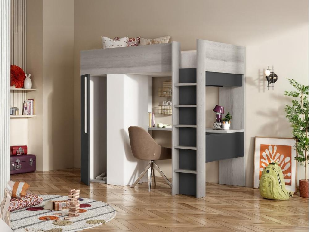 Vente Unique Lit Mezzanine 90 X 200 Cm Avec Armoire Et Bureau - Anthracite Et Blanc - NICOLAS II