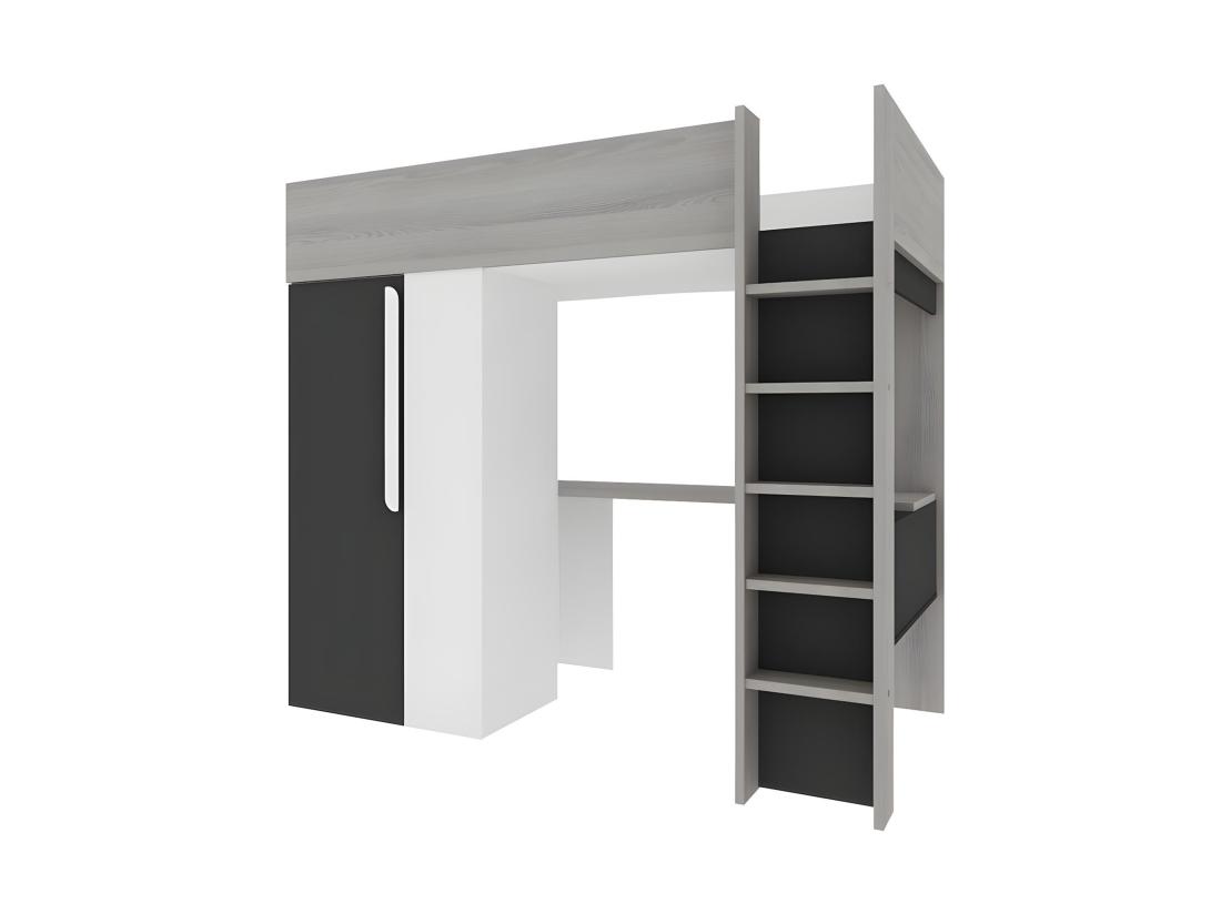 Vente Unique Lit Mezzanine 90 X 200 Cm Avec Armoire Et Bureau - Anthracite Et Blanc - NICOLAS II