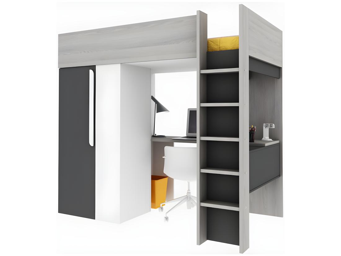 Vente Unique Lit Mezzanine 90 X 200 Cm Avec Armoire Et Bureau - Anthracite Et Blanc - NICOLAS II