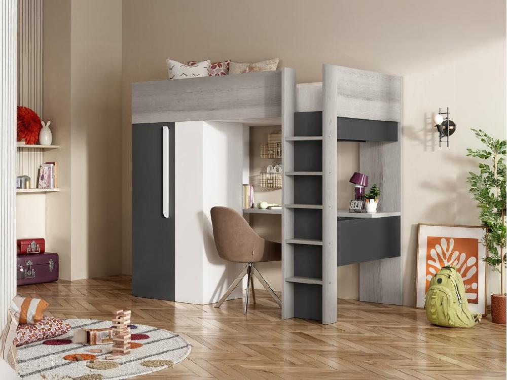 vente unique Lit mezzanine 90 x 200 cm avec armoire et bureau - Anthracite et blanc - NICOLAS II