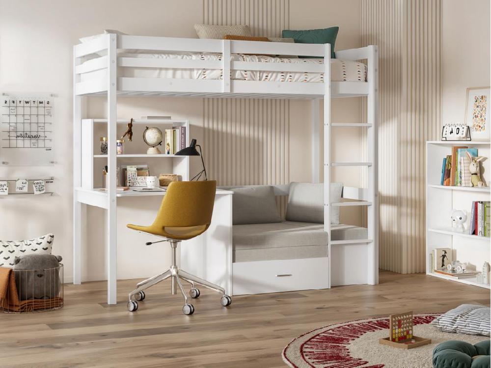 Vente Unique Lit Mezzanine 90 X 200 Cm Avec Bureau Sofa Convertible Et Rangements - Pin Et MDF - Blanc - GOLIATH III