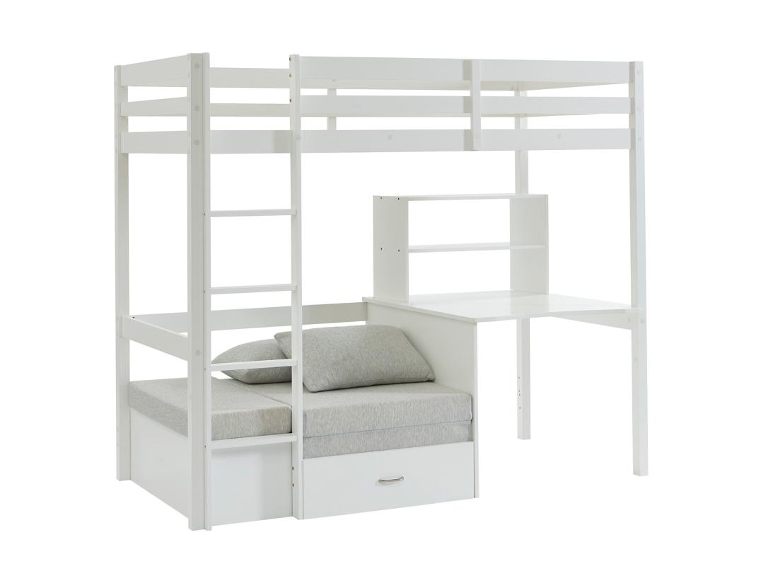 Vente Unique Lit Mezzanine 90 X 200 Cm Avec Bureau Sofa Convertible Et Rangements - Pin Et MDF - Blanc - GOLIATH III