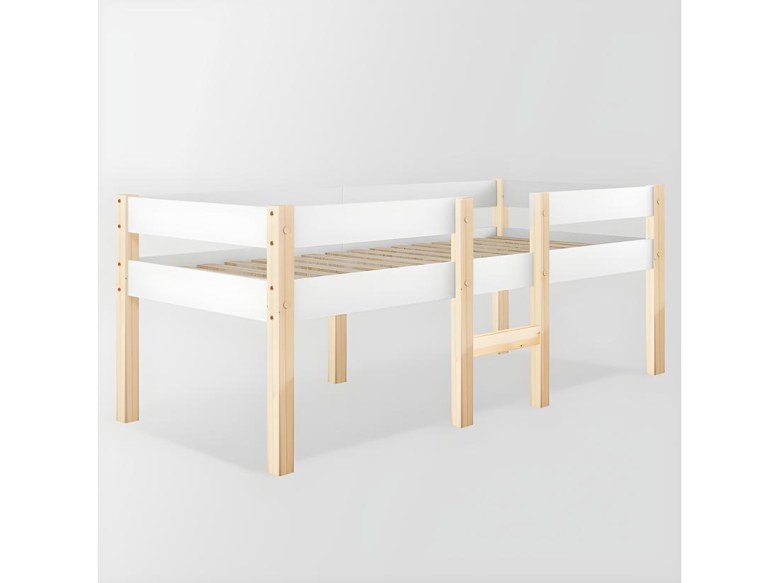 Vente Unique Lit Mezzanine Avec Barrières De Sécurité - En Bois De Pin Massif - 90x200 Cm - Blanc