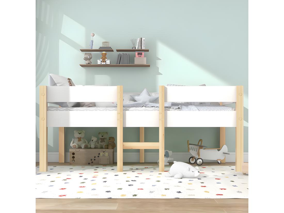 vente unique Lit mezzanine avec barrières de sécurité - en bois de pin massif - 90x200 cm - Blanc