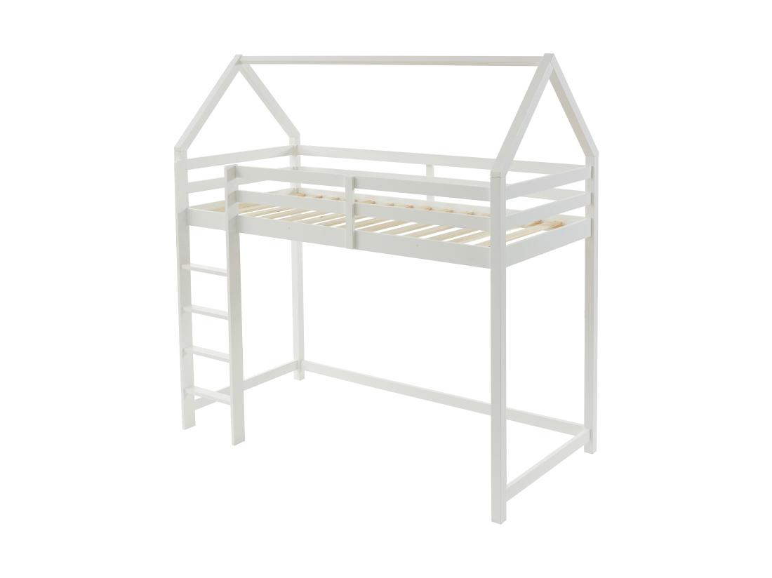Vente Unique Lit Mezzanine Cabane 90 X 190 Cm - Pin Massif - Blanc - TARZIA