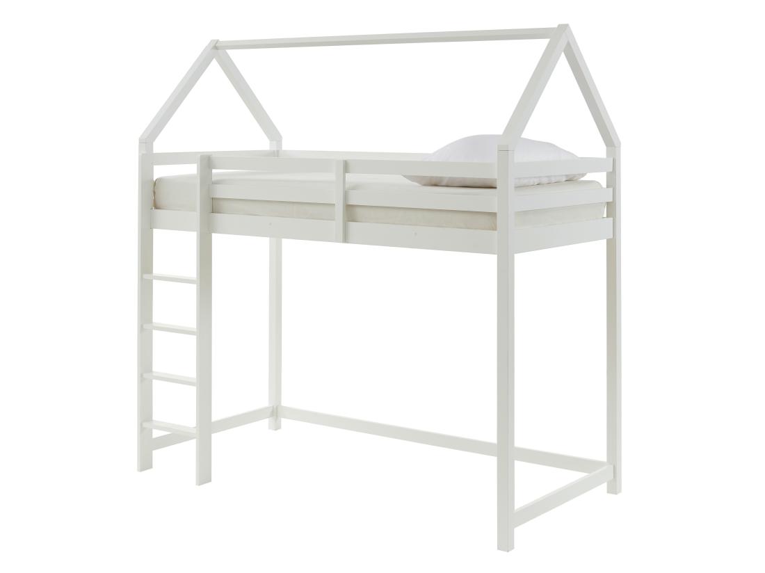 Vente Unique Lit Mezzanine Cabane 90 X 190 Cm - Pin Massif - Blanc - TARZIA