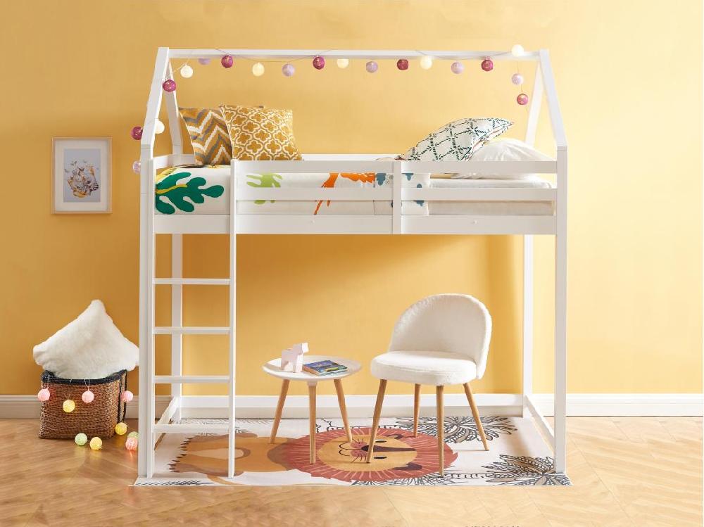 vente unique Lit mezzanine cabane 90 x 190 cm - Pin massif - Blanc - TARZIA