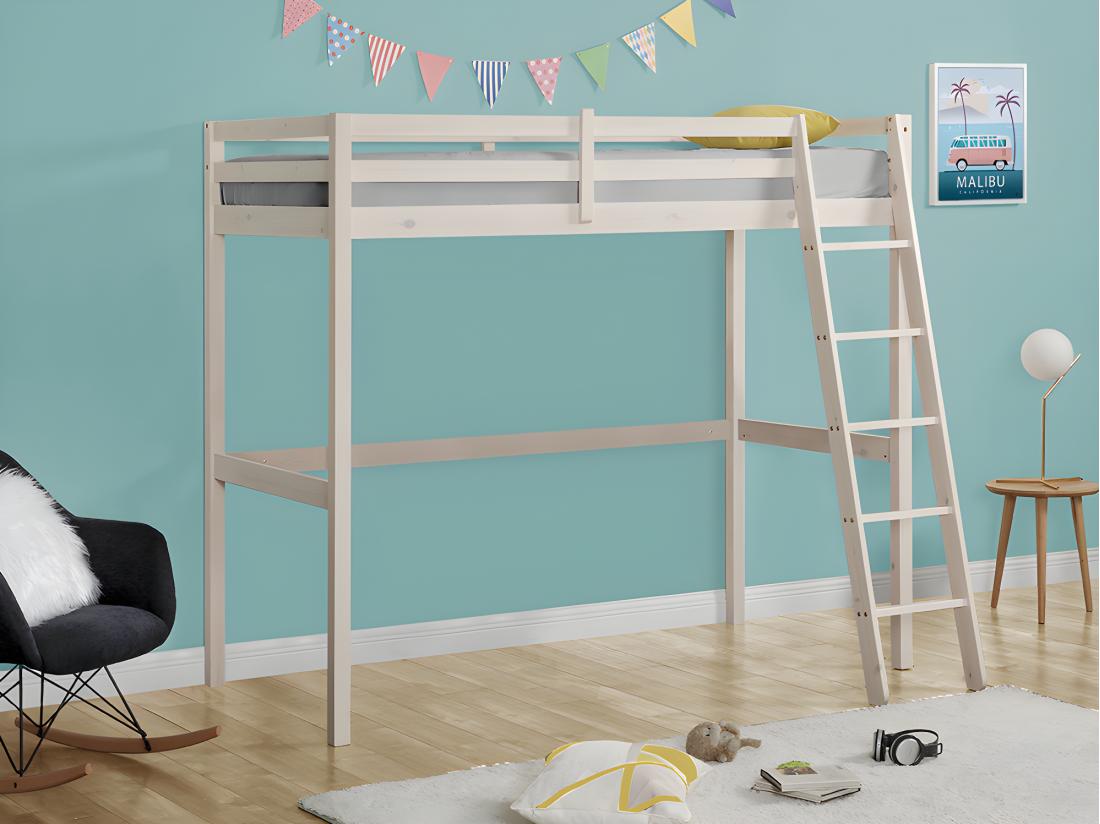 vente unique Lit mezzanine GEDEON II - 90 x 190 cm - Pin massif - Blanchi