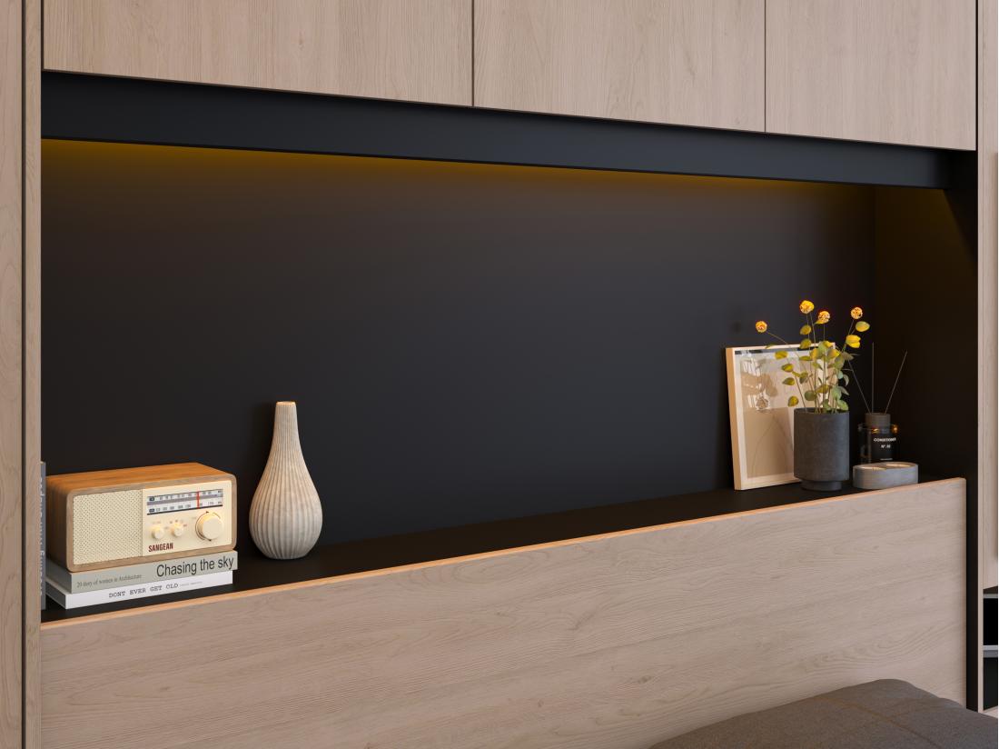 Vente Unique Lit Pont 140 X 190 Cm Avec Rangements - Avec LEDs - Coloris : Naturel Et Noir + Sommier - VELONA