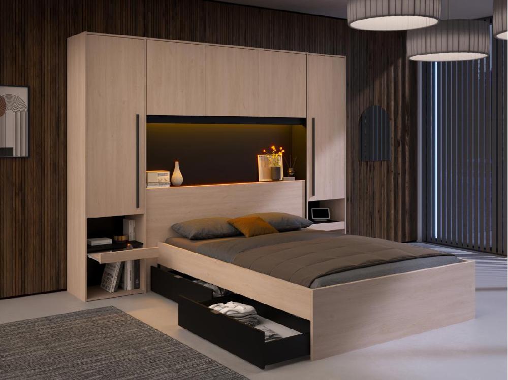 vente unique Lit pont 140 x 190 cm avec rangements - Avec LEDs - Coloris : Naturel et noir + Sommier - VELONA