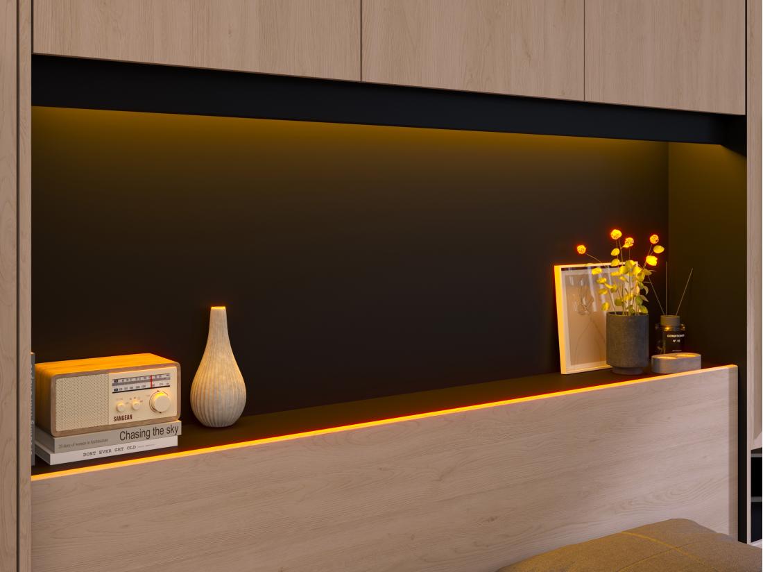 Vente Unique Lit Pont 160 X 200 Cm Avec Rangements - Avec LEDs - Coloris : Naturel Et Noir + Sommier - VELONA