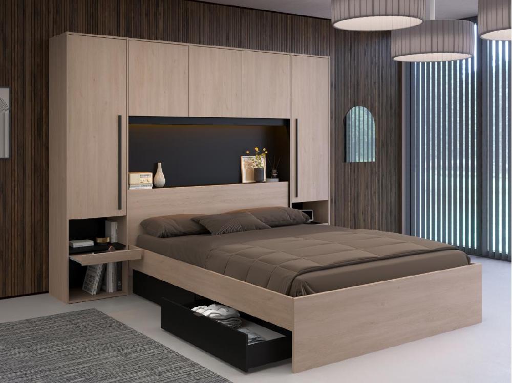 vente unique Lit pont 160 x 200 cm avec rangements - Avec LEDs - Coloris : Naturel et noir + Sommier - VELONA