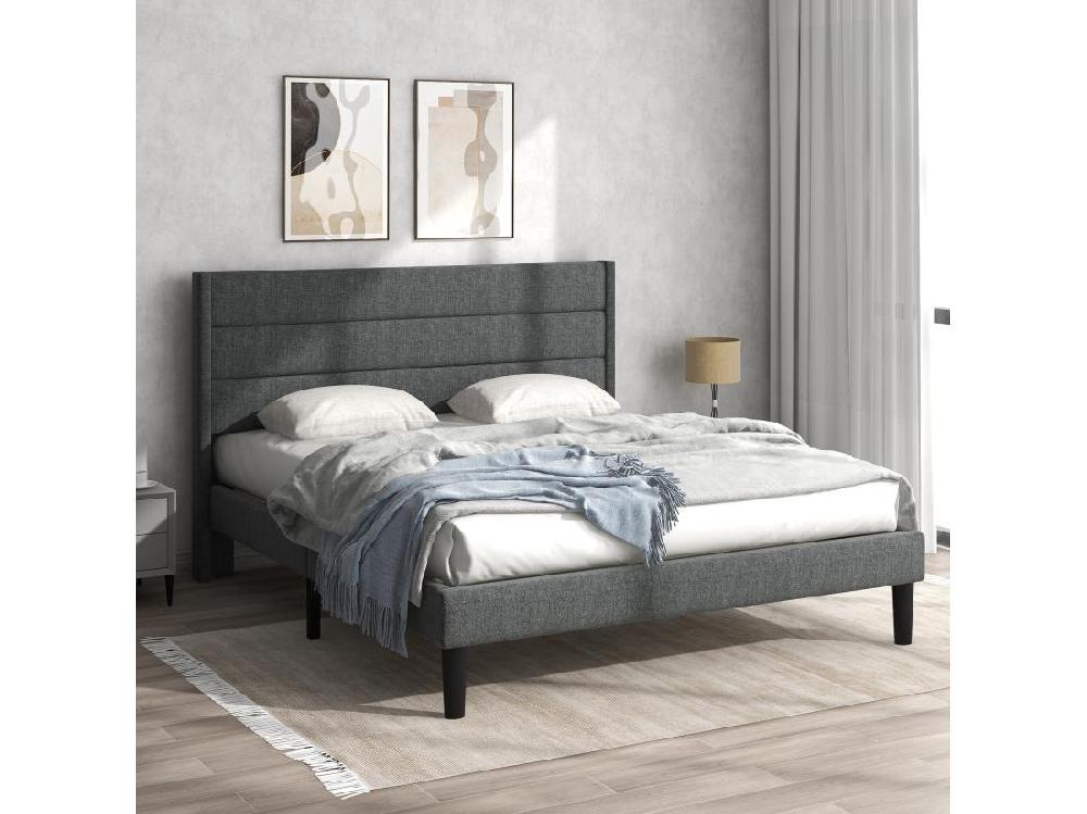 vente unique Lit rembourré en lin - 140x200cm - style contemporain - Gris